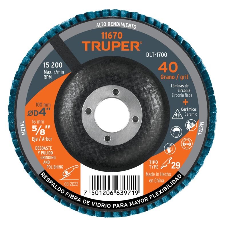 DLT-1700.jpg Código: 11670 Disco laminado 4', grano 40 centro 5/8', fibra, TRUPER DLT-1700