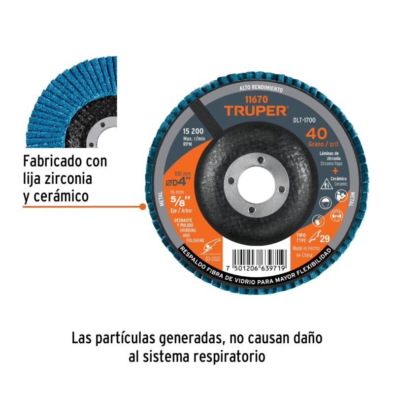 DLT-1700FC1.jpg Código: 11670 Disco laminado 4', grano 40 centro 5/8', fibra, TRUPER DLT-1700