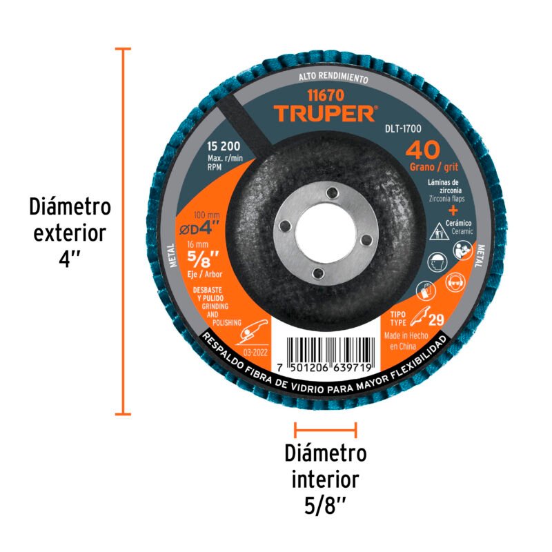 DLT-1700FC2.jpg Código: 11670 Disco laminado 4', grano 40 centro 5/8', fibra, TRUPER DLT-1700