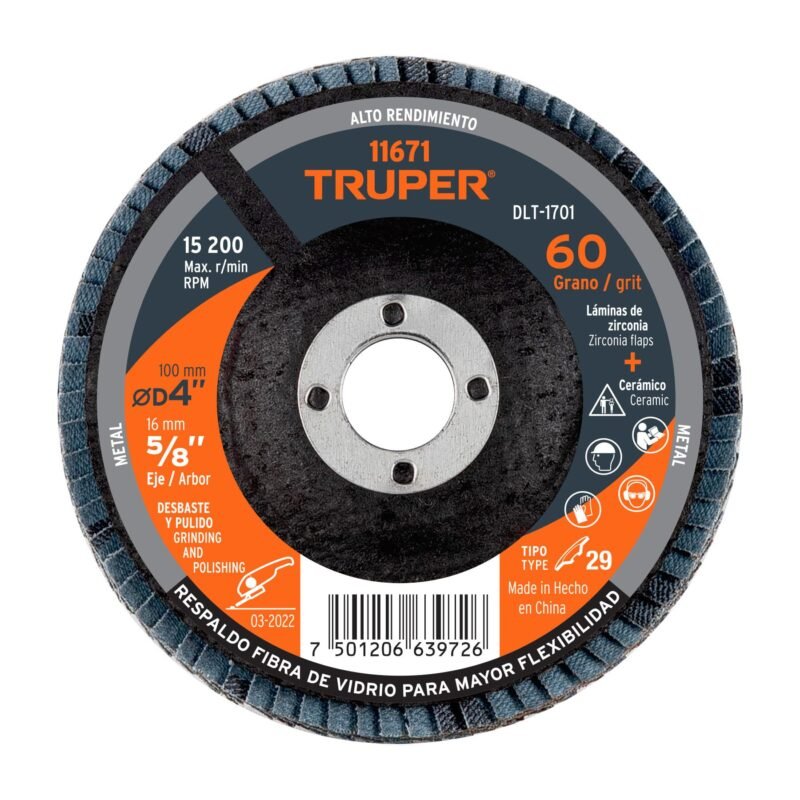 DLT-1701.jpg Código: 11671 Disco laminado 4', grano 60 centro 5/8', fibra, TRUPER DLT-1701