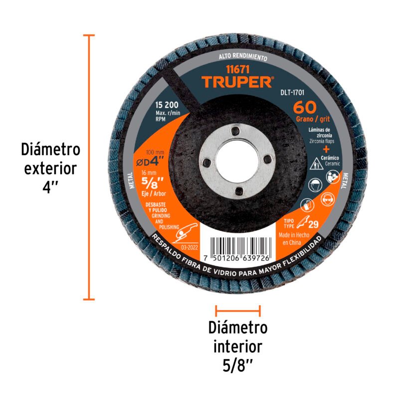 DLT-1701FC2.jpg Código: 11671 Disco laminado 4', grano 60 centro 5/8', fibra, TRUPER DLT-1701