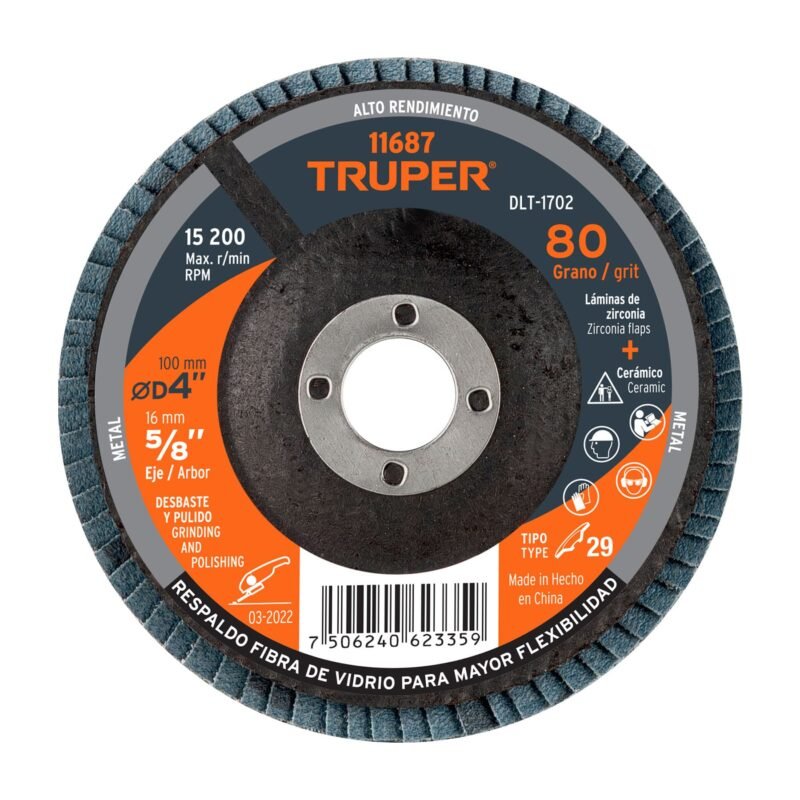 DLT-1702.jpg Código: 11687 Disco laminado 4', grano 80 centro 5/8', fibra, TRUPER DLT-1702