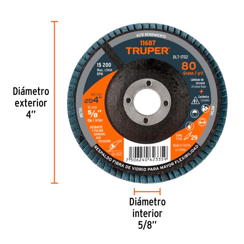 DLT-1702FC2.jpg Código: 11687 Disco laminado 4', grano 80 centro 5/8', fibra, TRUPER DLT-1702