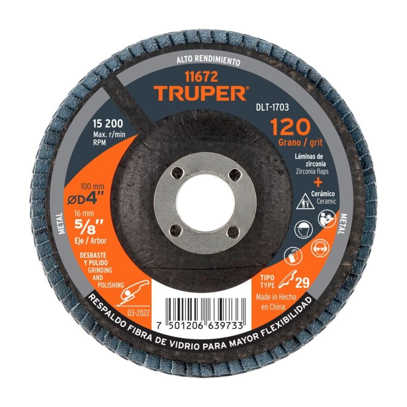 DLT-1703.jpg Código: 11672 Disco laminado 4', grano 120 centro 5/8', fibra, TRUPER DLT-1703