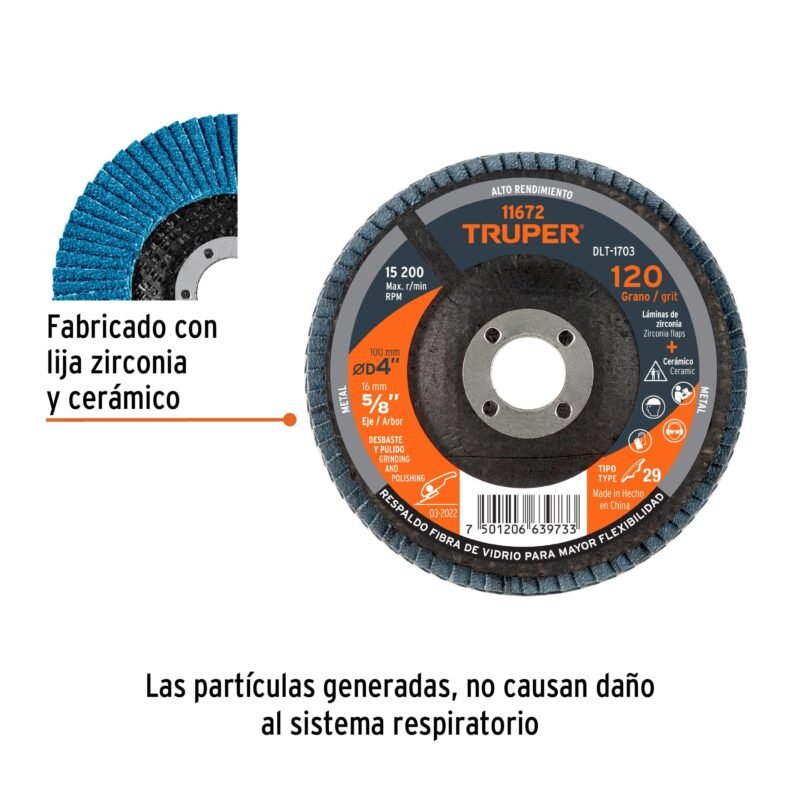 DLT-1703FC1.jpg Código: 11672 Disco laminado 4', grano 120 centro 5/8', fibra, TRUPER DLT-1703