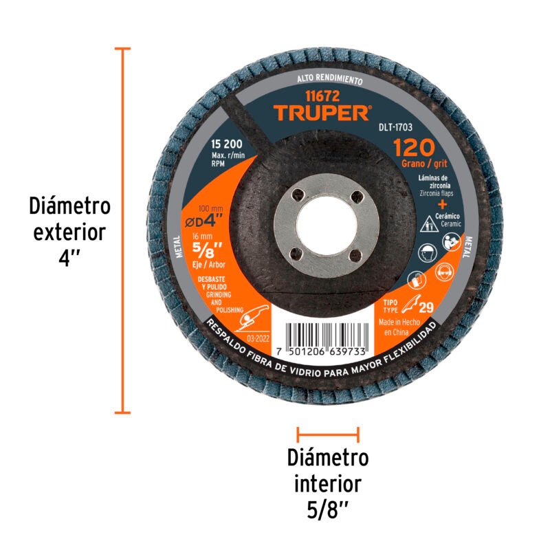 DLT-1703FC2.jpg Código: 11672 Disco laminado 4', grano 120 centro 5/8', fibra, TRUPER DLT-1703