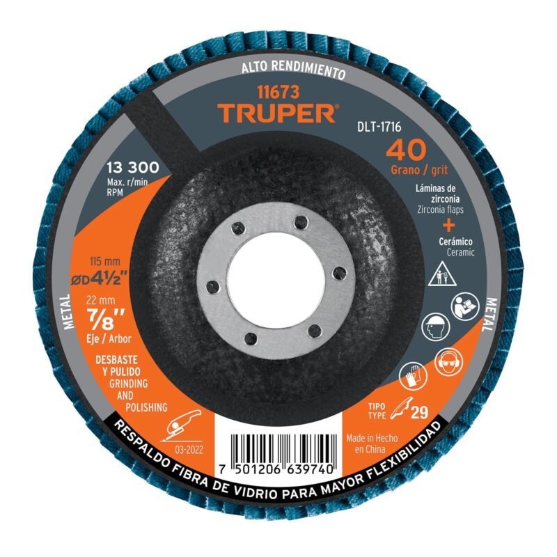 DLT-1716.jpg Código: 11673 Disco laminado 4-1/2', grano 40 centro 7/8', fibra, TRUPER DLT-1716