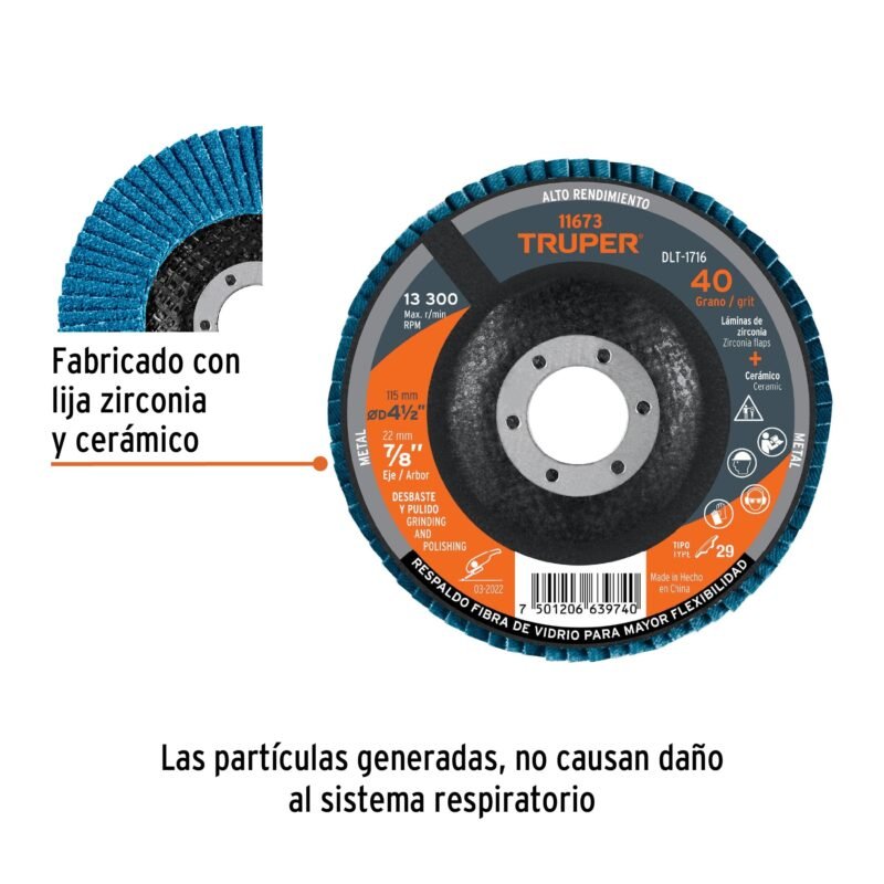 DLT-1716FC1.jpg Código: 11673 Disco laminado 4-1/2', grano 40 centro 7/8', fibra, TRUPER DLT-1716