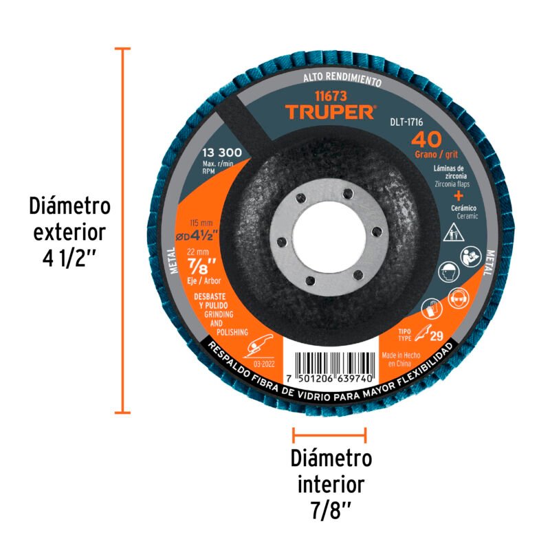 DLT-1716FC2.jpg Código: 11673 Disco laminado 4-1/2', grano 40 centro 7/8', fibra, TRUPER DLT-1716