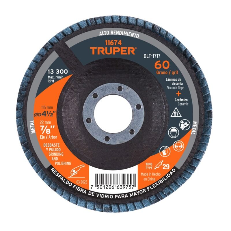 DLT-1717.jpg Código: 11674 Disco laminado 4-1/2', grano 60 centro 7/8', fibra, TRUPER DLT-1717