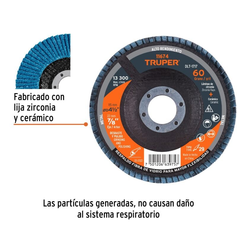 DLT-1717FC1.jpg Código: 11674 Disco laminado 4-1/2', grano 60 centro 7/8', fibra, TRUPER DLT-1717