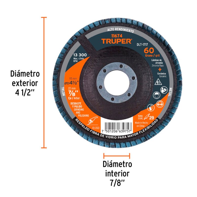 DLT-1717FC2.jpg Código: 11674 Disco laminado 4-1/2', grano 60 centro 7/8', fibra, TRUPER DLT-1717
