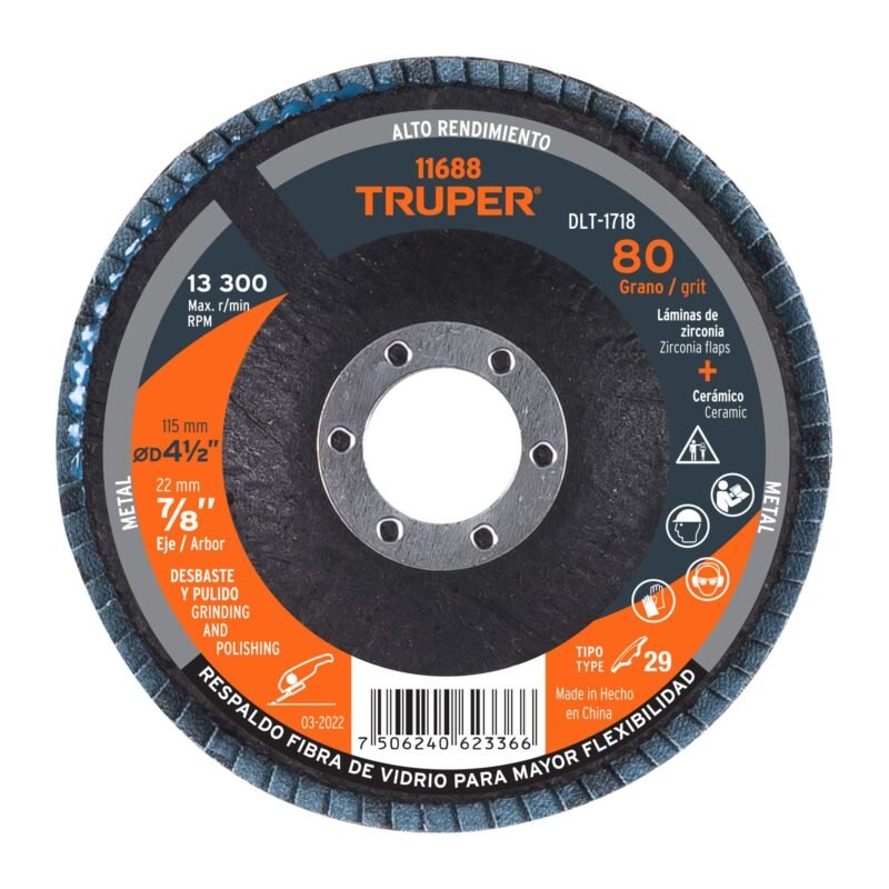 DLT-1718.jpg Código: 11688 Disco laminado 4-1/2', grano 80 centro 7/8', fibra, TRUPER DLT-1718