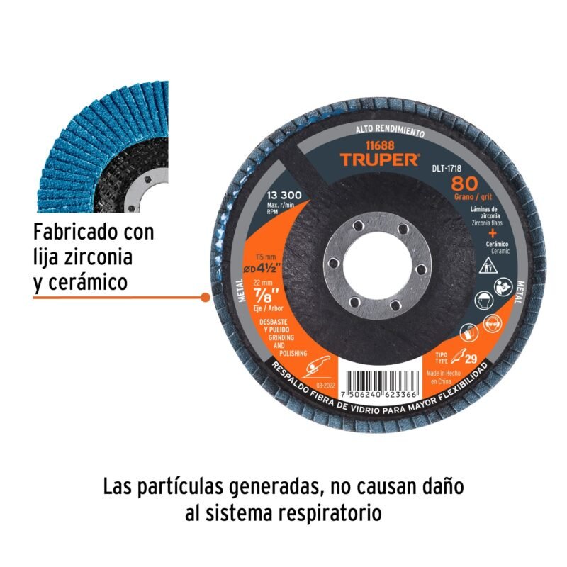 DLT-1718FC1.jpg Código: 11688 Disco laminado 4-1/2', grano 80 centro 7/8', fibra, TRUPER DLT-1718