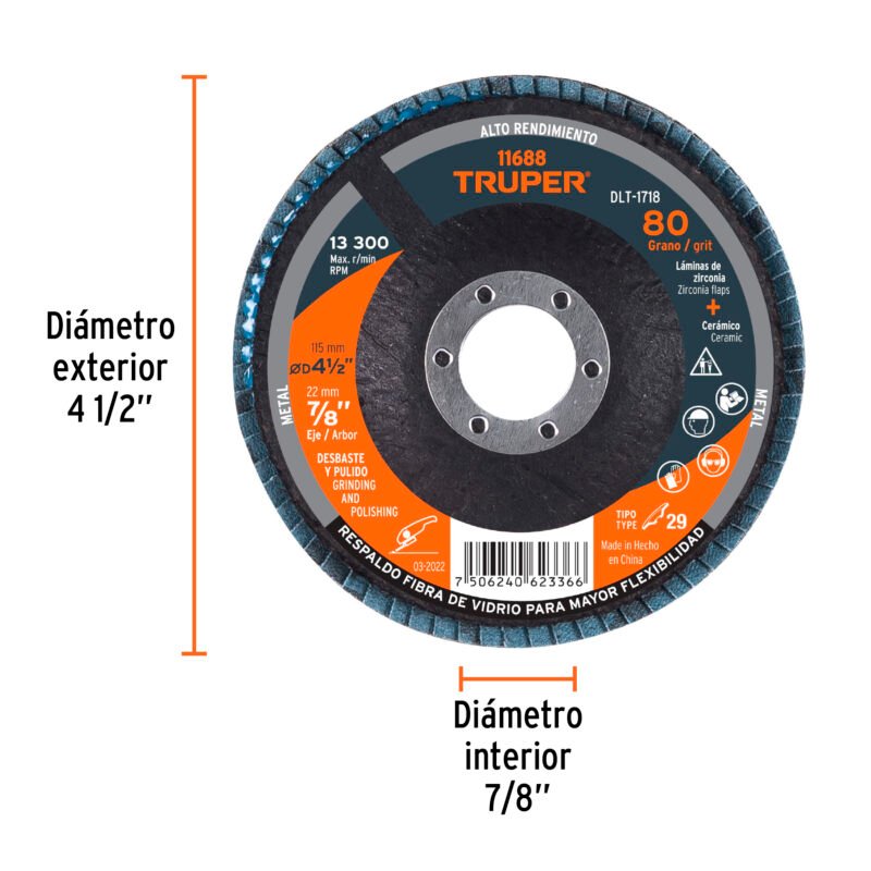 DLT-1718FC2.jpg Código: 11688 Disco laminado 4-1/2', grano 80 centro 7/8', fibra, TRUPER DLT-1718