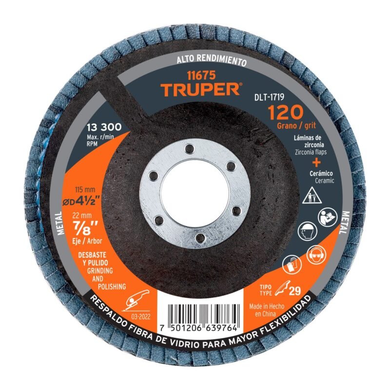 DLT-1719.jpg Código: 11675 Disco laminado 4-1/2', grano 120 centro 7/8', fibra, TRUPER DLT-1719