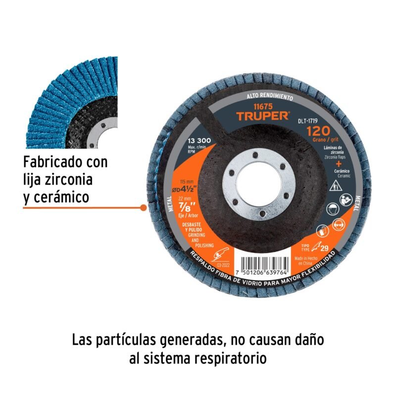 DLT-1719FC1.jpg Código: 11675 Disco laminado 4-1/2', grano 120 centro 7/8', fibra, TRUPER DLT-1719