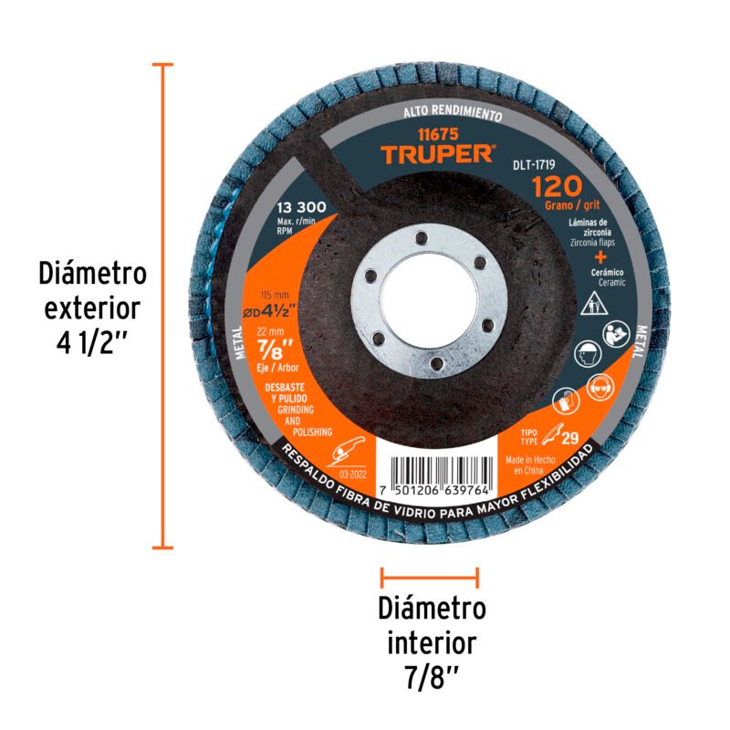 DLT-1719FC2.jpg Código: 11675 Disco laminado 4-1/2', grano 120 centro 7/8', fibra, TRUPER DLT-1719