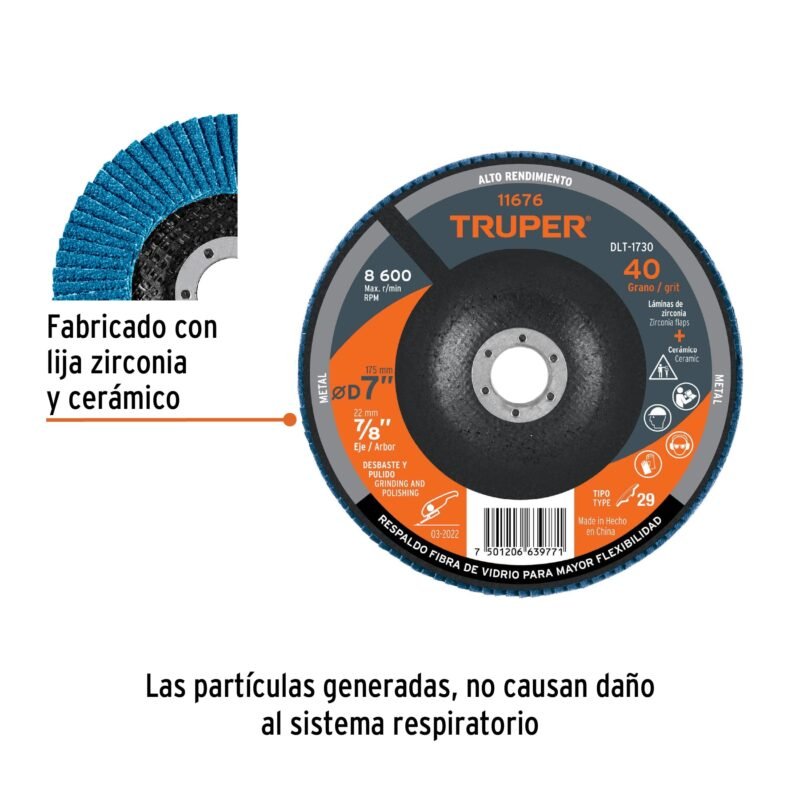 DLT-1730FC1.jpg Código: 11676 Disco laminado 7', grano 40 centro 7/8', fibra, TRUPER DLT-1730