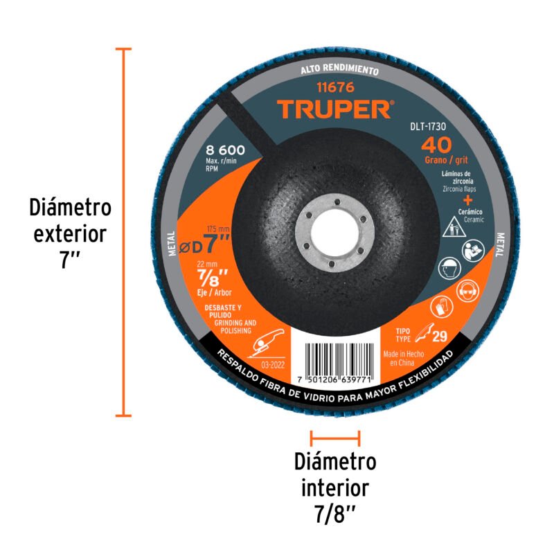 DLT-1730FC2.jpg Código: 11676 Disco laminado 7', grano 40 centro 7/8', fibra, TRUPER DLT-1730