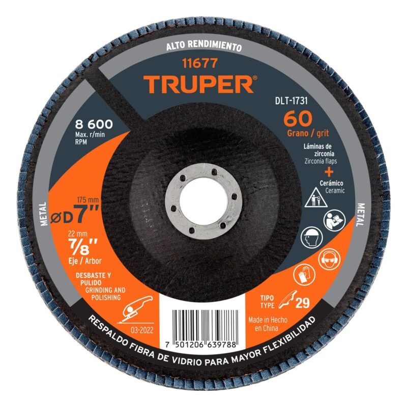 DLT-1731.jpg Código: 11677 Disco laminado 7', grano 60 centro 7/8', fibra, TRUPER DLT-1731