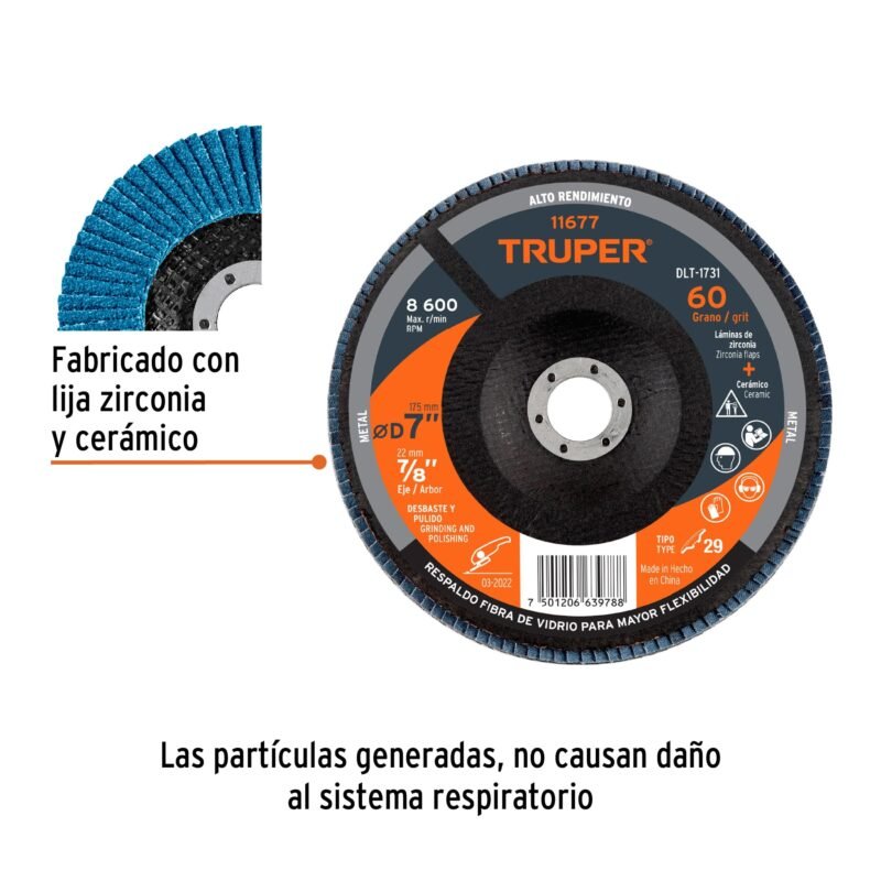 DLT-1731FC1.jpg Código: 11677 Disco laminado 7', grano 60 centro 7/8', fibra, TRUPER DLT-1731