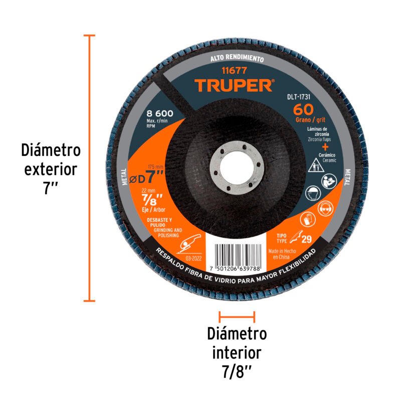 DLT-1731FC2.jpg Código: 11677 Disco laminado 7', grano 60 centro 7/8', fibra, TRUPER DLT-1731