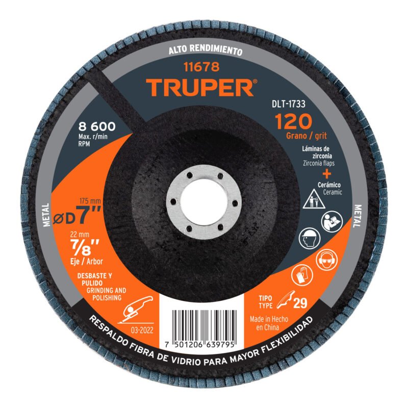 DLT-1733.jpg Código: 11678 Disco laminado 7', grano 120 centro 7/8', fibra, TRUPER DLT-1733