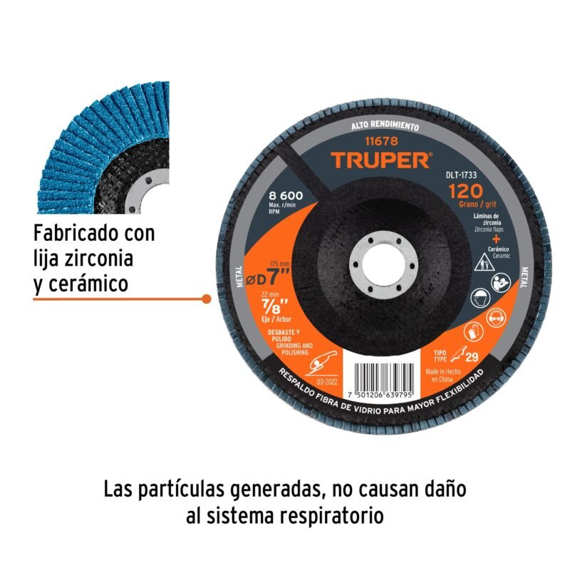 DLT-1733FC1.jpg Código: 11678 Disco laminado 7', grano 120 centro 7/8', fibra, TRUPER DLT-1733