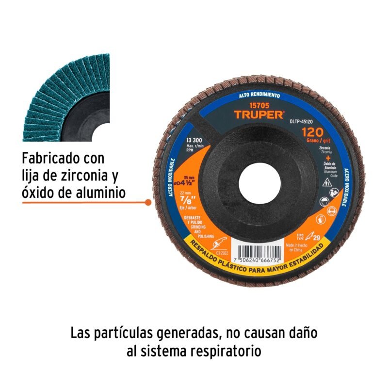 DLTP-45120FC1.jpg Código: 15705 Disco laminado 4-1/2' grano 120 centro 7/8', plástico,TRUPER DLTP-45120