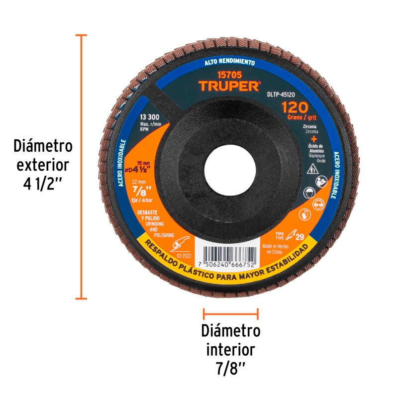 DLTP-45120FC2.jpg Código: 15705 Disco laminado 4-1/2' grano 120 centro 7/8', plástico,TRUPER DLTP-45120