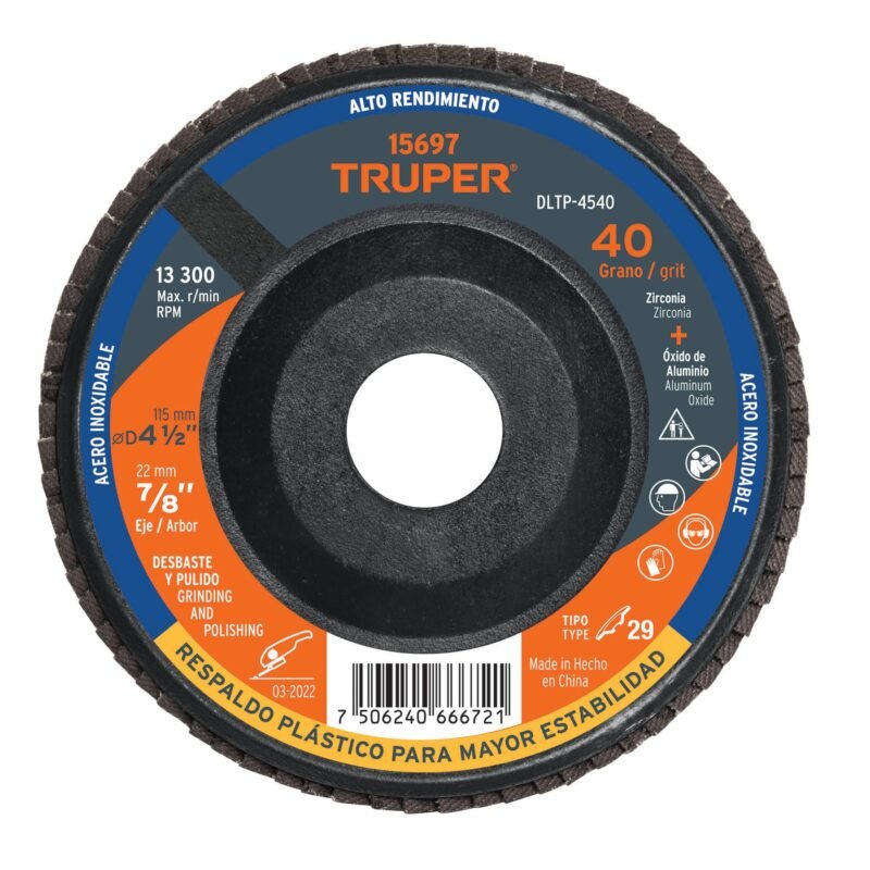 DLTP-4540.jpg Código: 15697 Disco laminado 4-1/2' grano 40 centro 7/8', plástico, TRUPER DLTP-4540