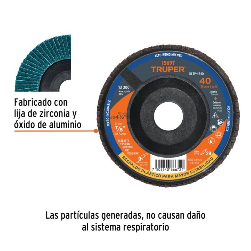 DLTP-4540FC1.jpg Código: 15697 Disco laminado 4-1/2' grano 40 centro 7/8', plástico, TRUPER DLTP-4540
