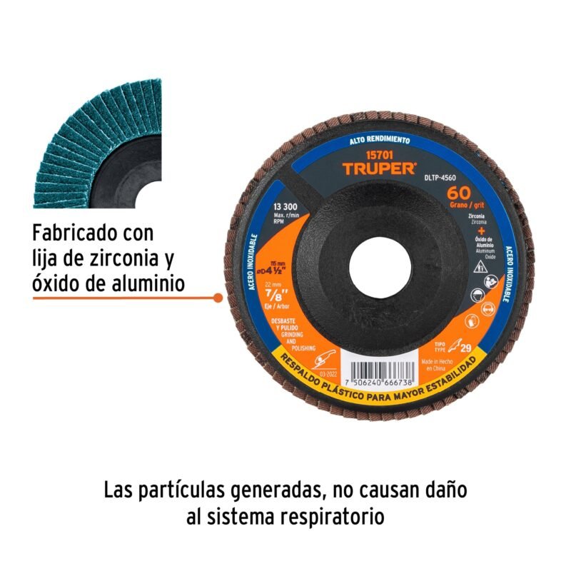 DLTP-4560FC1.jpg Código: 15701 Disco laminado 4-1/2' grano 60 centro 7/8', plástico, TRUPER DLTP-4560