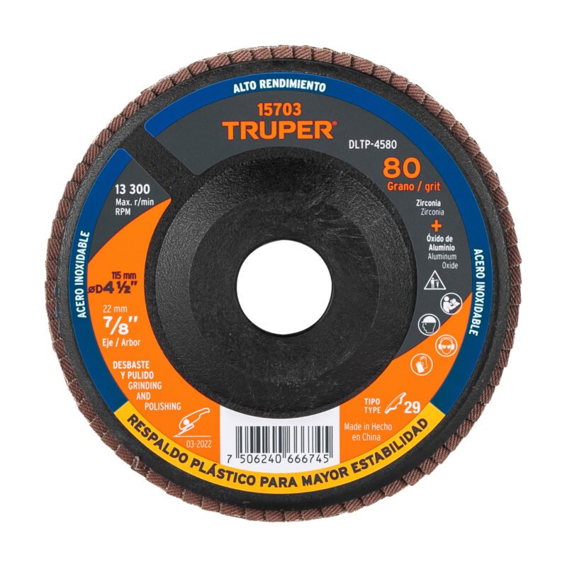 DLTP-4580.jpg Código: 15703 Disco laminado 4-1/2' grano 80 centro 7/8', plástico, TRUPER DLTP-4580