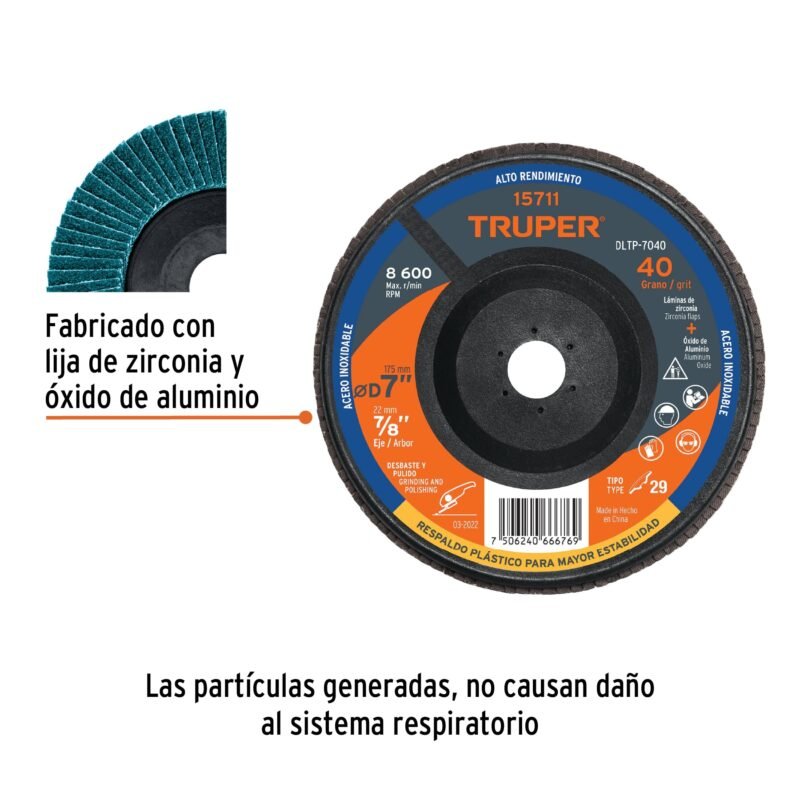 Código: 15711 Disco laminado 7' grano 40 centro 7/8', plástico, TRUPER DLTP-7040