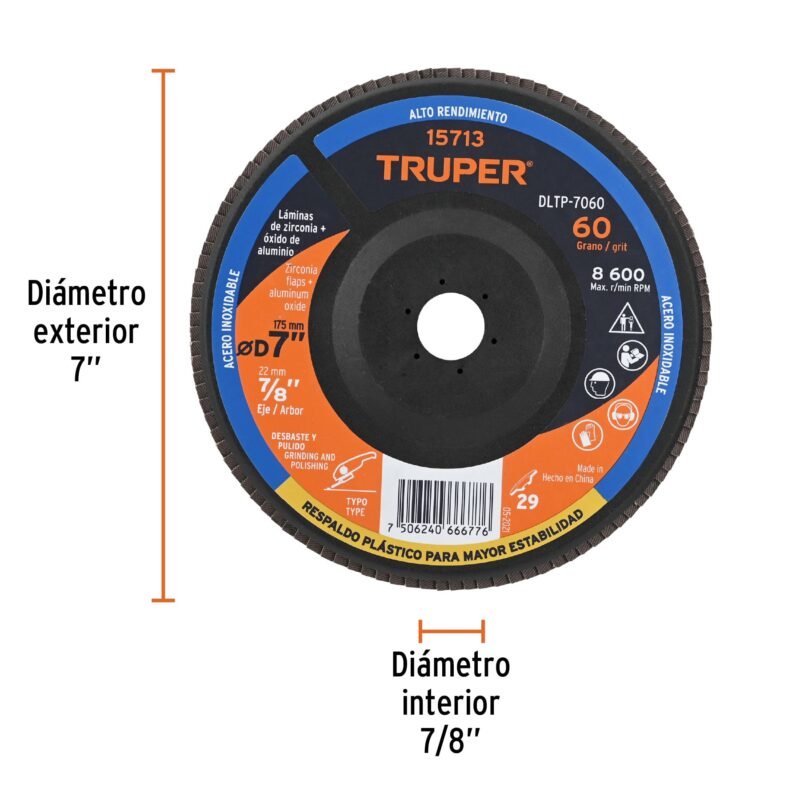 DLTP-7060FC2.jpg Código: 15713 Disco laminado 7' grano 60 centro 7/8', plástico, TRUPER DLTP-7060