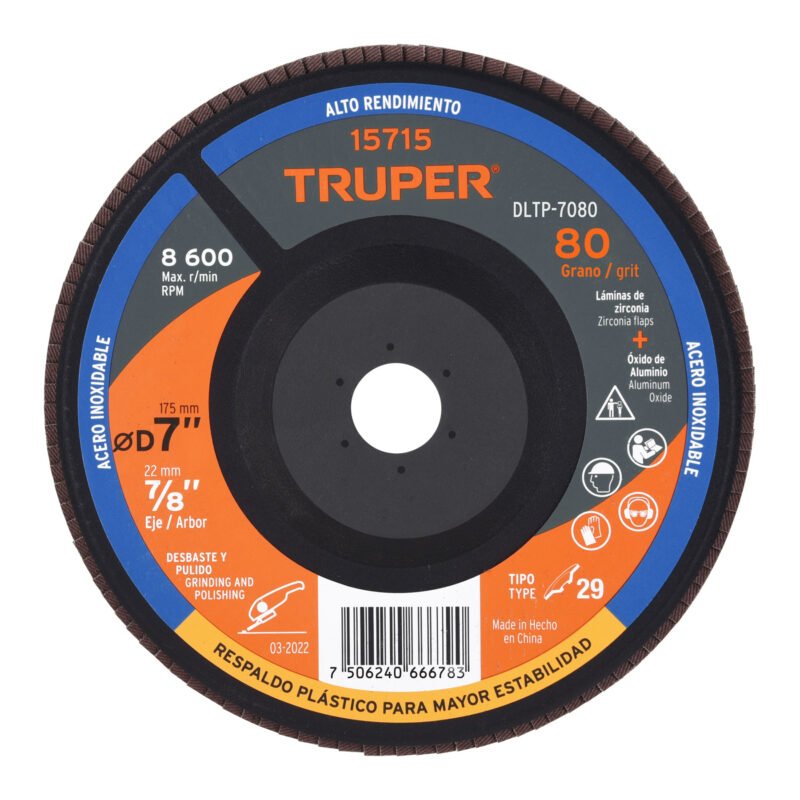 Código: 15715 Disco laminado 7' grano 80 centro 7/8', plástico, TRUPER DLTP-7080