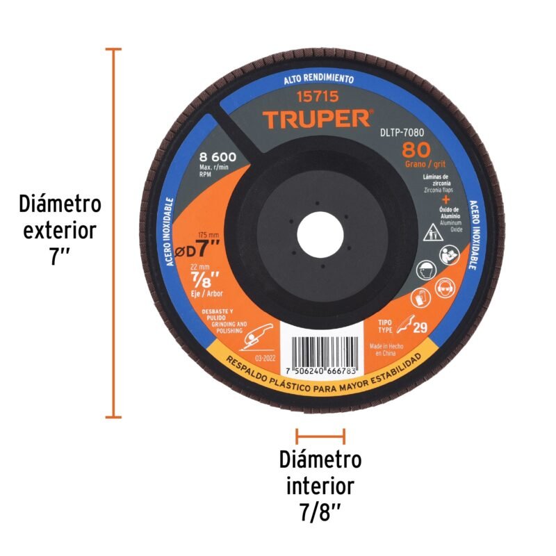Código: 15715 Disco laminado 7' grano 80 centro 7/8', plástico, TRUPER DLTP-7080