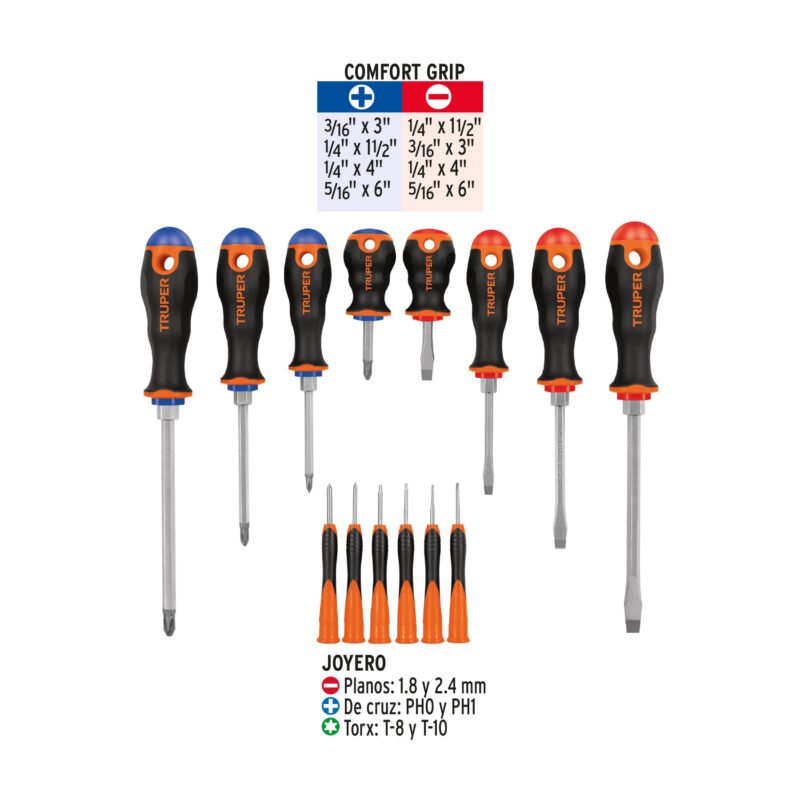 Código: 14197 Juego de 8 desarmadores mango Comfort Grip y 6 de joyero DTJ-14B