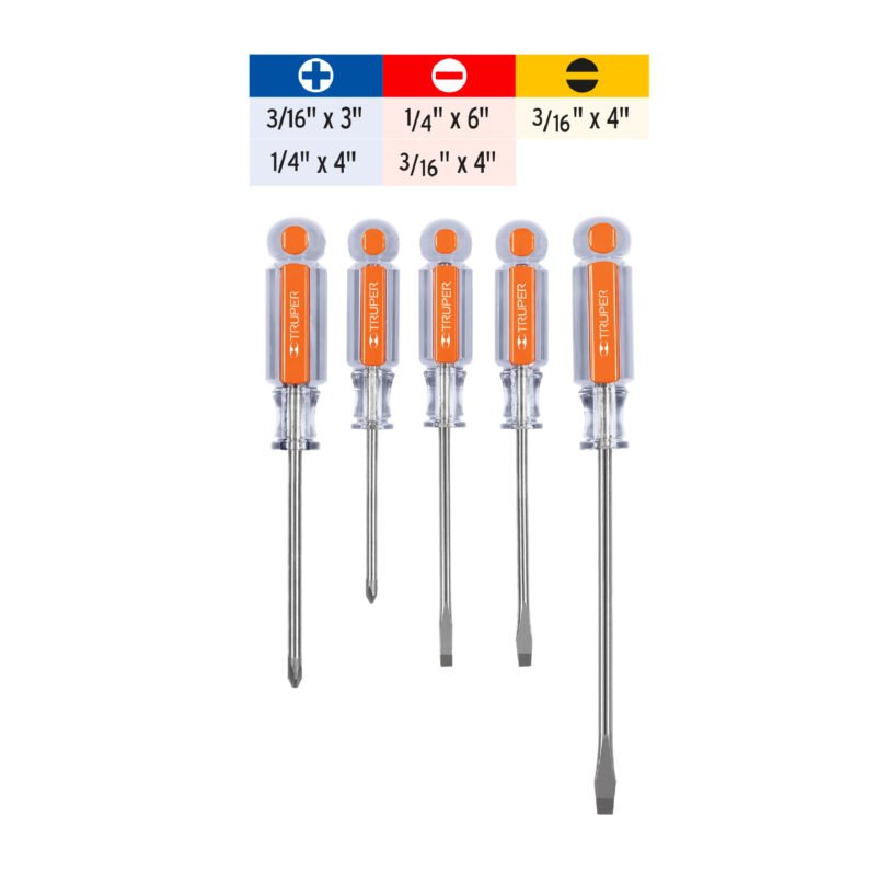 Código: 14137 Juego de 5 desarmadores mangos de acetato, Truper DTJ-5