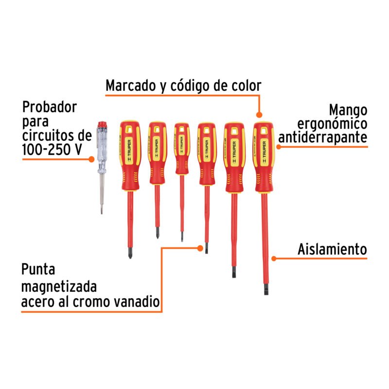 DTJ-7DFC1.jpg Código: 14196 Juego 6 desarmadores dieléctricos y 1 probador de corriente DTJ-7D