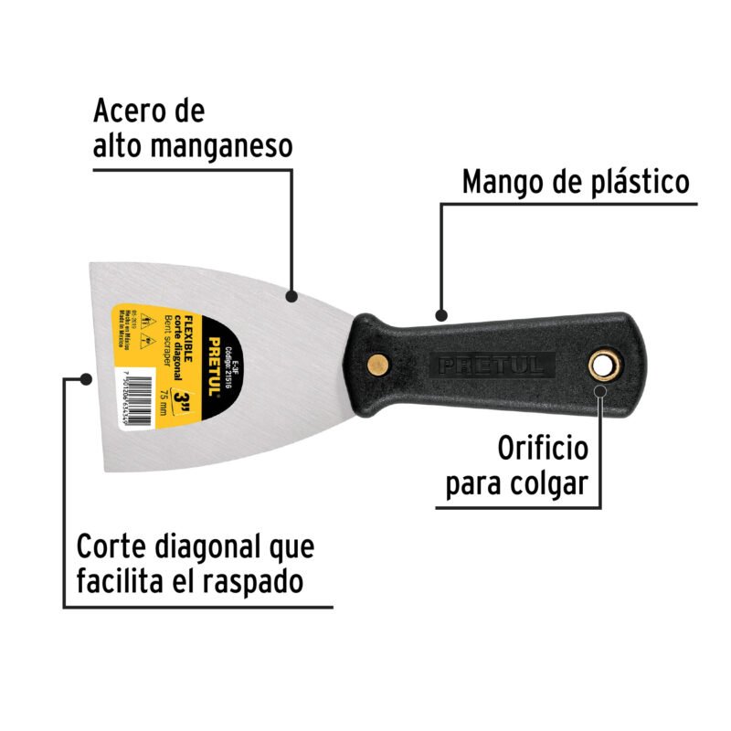 Código: 21516 Espátula flexible 3' con mango de plástico, Pretul E-3F