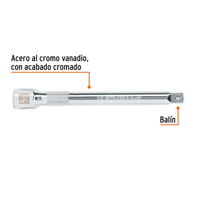 E-5462FC1.jpg Código: 13917 Extensión cuadro 1/2' para matraca, largo 8', Truper E-5462