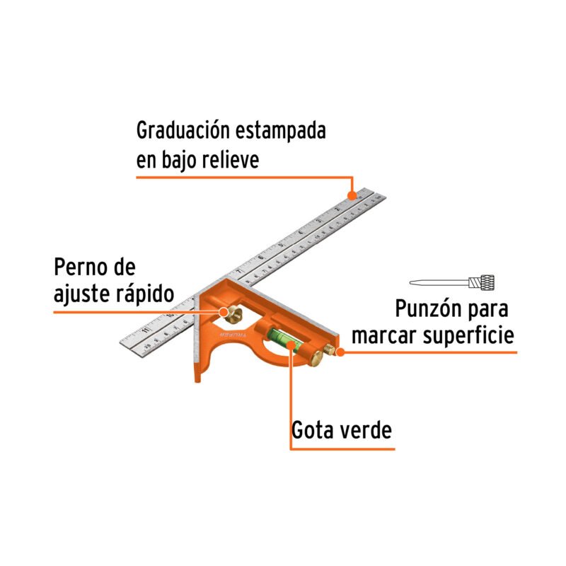 ECT-12FC1.jpg Código: 14380 Escuadra 12' de combinación con punzón para marcar, Truper ECT-12