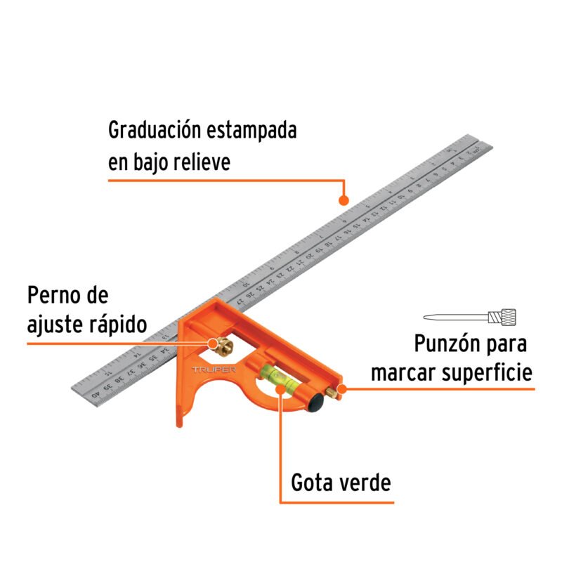 ECT-16FC1.jpg Código: 14381 Escuadra 16' de combinación con punzón para marcar, Truper ECT-16