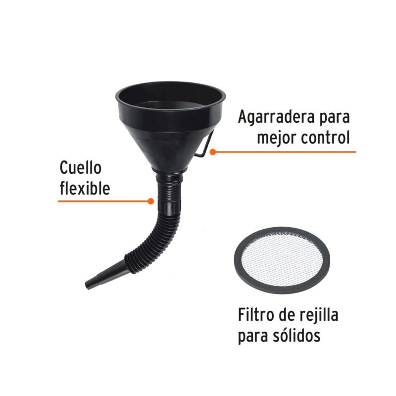 EMB-50FC1.jpg Código: 11207 Embudo plástico 500 ml, cuello flexible con filtro, Truper EMB-50