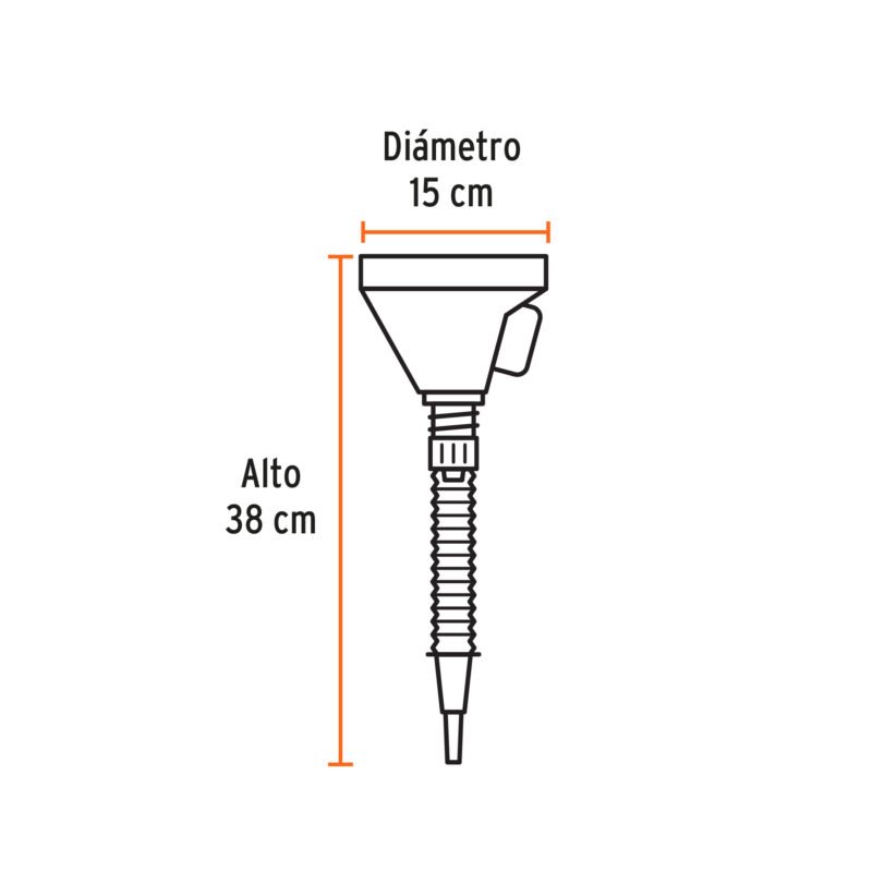 EMB-50FC2.jpg Código: 11207 Embudo plástico 500 ml, cuello flexible con filtro, Truper EMB-50