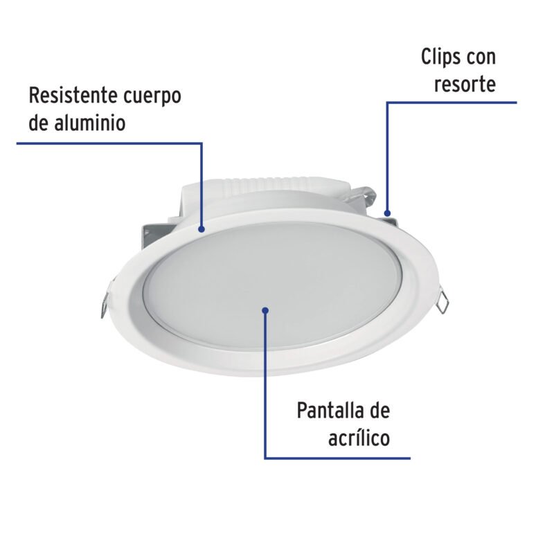 EMP-102LCFC1.jpg Código: 48096 Luminario LED empotrado redondo de 12 W, luz cálida, Volteck EMP-102LC