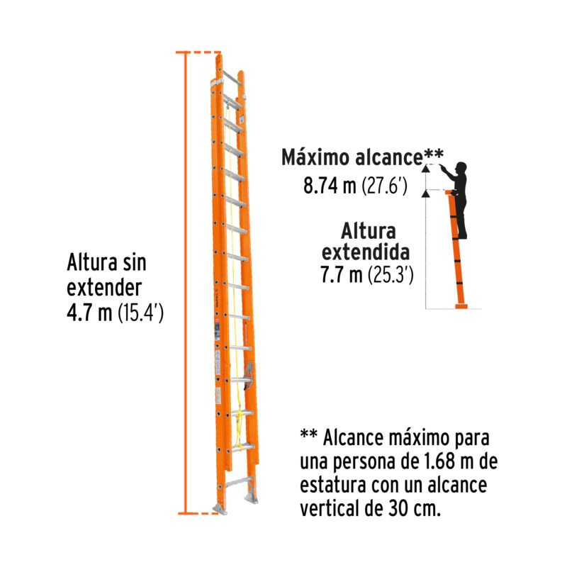 ESE-228FVFC2.jpg Código: 100229 Escalera de extensión, tipo II, 28 peldaños, fibra de vidrio ESE-228FV